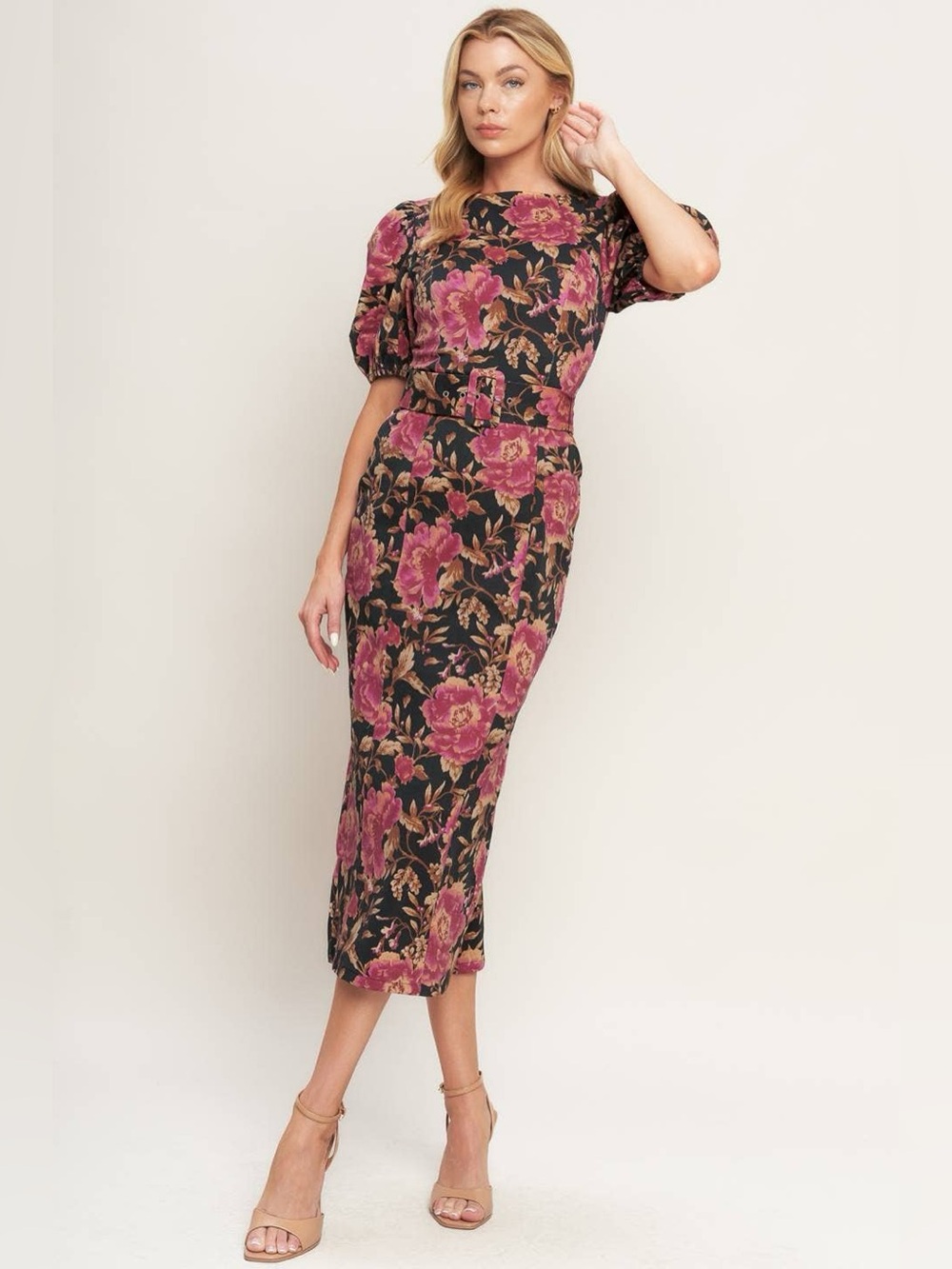 Floral Puff-Sleeve Midi Dress in Black and Rose